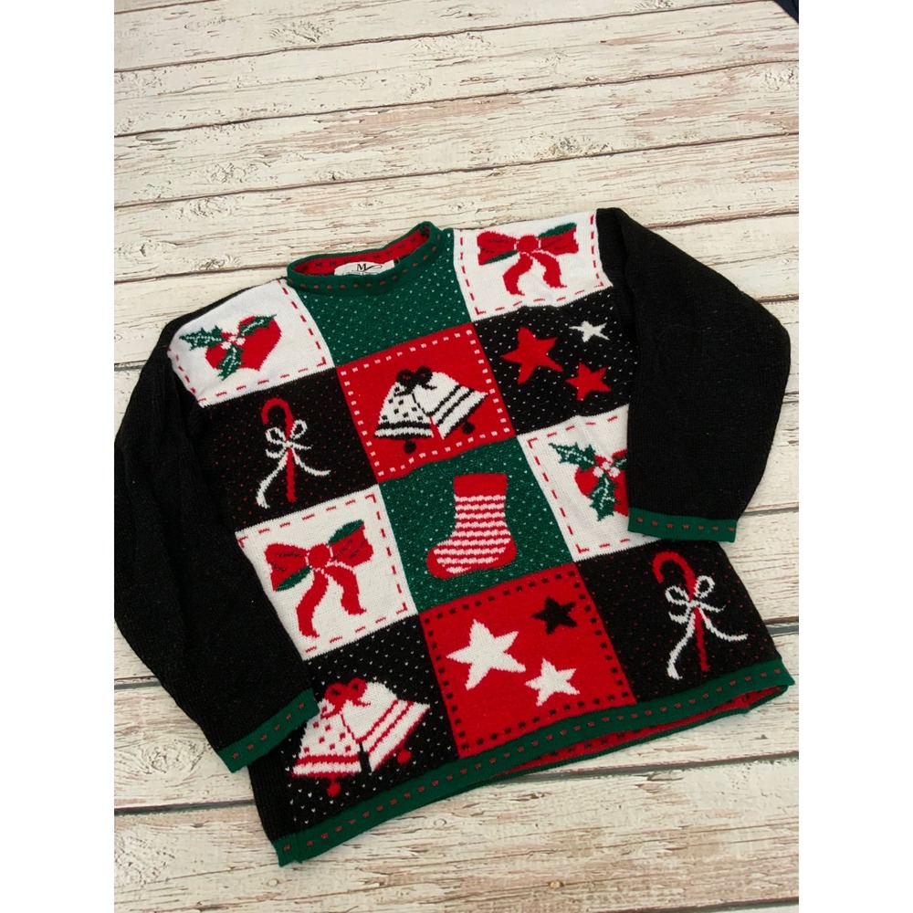 Maggie Lawrence Vintage Christmas Sweater Womens Medium Patchwork Ugly Holiday M